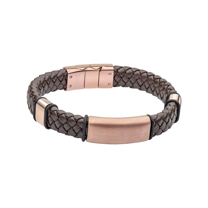 Fred Bennett Woven Brown Leather Bracelet with Coffee Plated