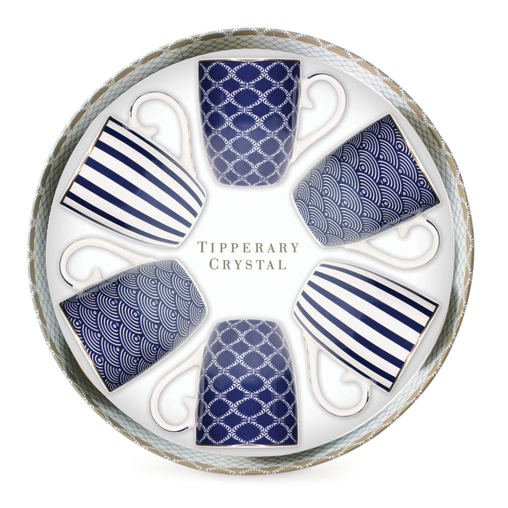 Tipperary Crystal Set of 6 Bone China Mugs - Blue Stripe, Net & Rainbow