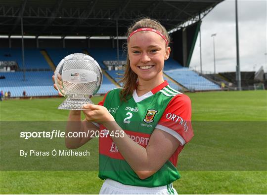 2 August 2021; Saoirse Lally of Mayo with her TG4 Player of the Match award after the TG4 All-Ireland Senior Ladies Football Championship Quarter-Final match between Mayo and Galway at Elverys MacHale Park in Castlebar, Co Mayo. Photo by Piaras Ó Mídheach/Sportsfile